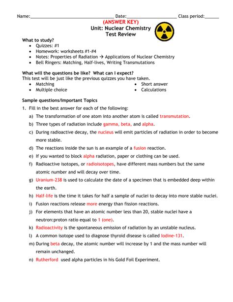 nuclear chemistry review worksheet answer key